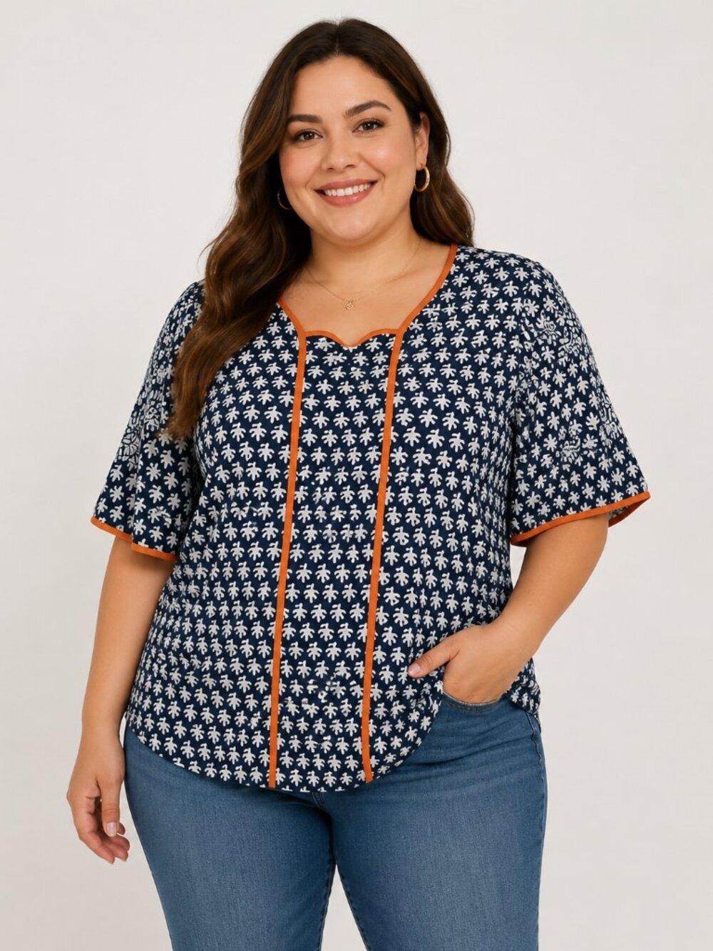 SHEIN Curve 4XL Navy White Print Blouse Orange Trim Short Sleeve Plus Size Boho - Picture 9 of 9